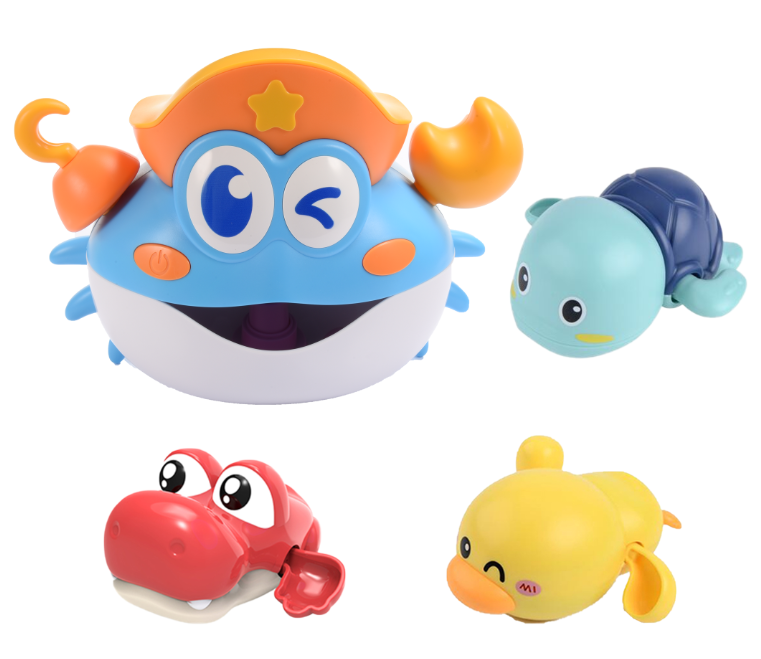 Automatic Crab Bubble Machine Bath Toy Set - Musical Bubble Blower with 3-Pack Cute Wind-up Swimming Animals (Turtle, Hippo, Duck), Toddler Bathtub Water Toys Gift for Boys Girls